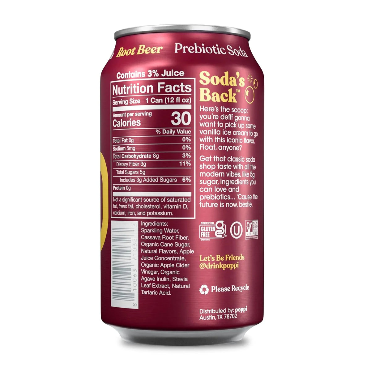 Poppi Sparkling Prebiotic Soda Beverage with Apple Cider Vinegar, Seltzer Water and Fruit Juice, Root Beer Flavor, 12 Fl Oz, 1 Count, Packaging May Vary