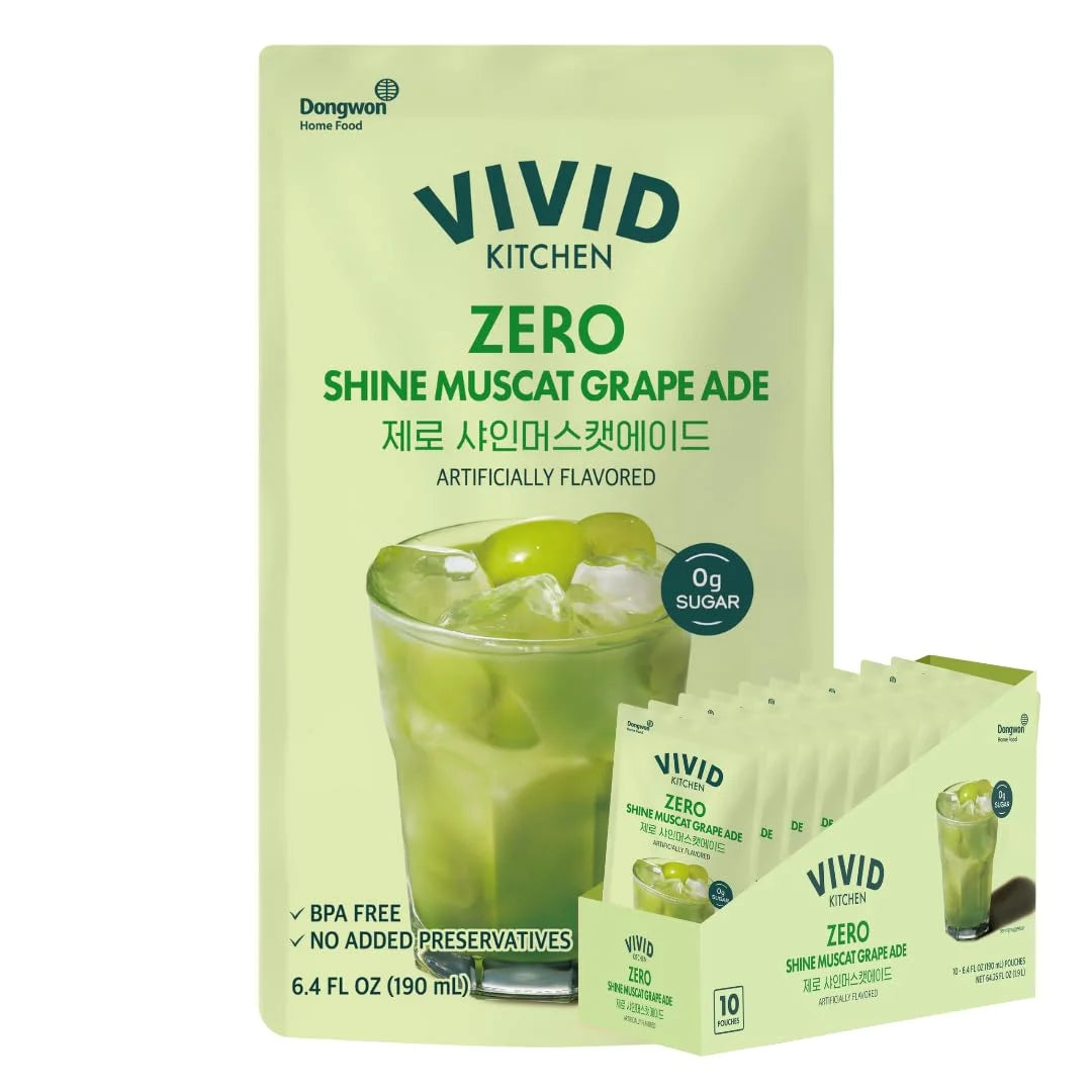 VIVID KITCHEN Korean Grape Ade – Shine Muscat Flavor – Zero Sugar, Zero Calories – 6.4 fl oz (10 Pouches) – No Preservatives or Corn Syrup – Natural Korean Drink for Hydration & Refreshment