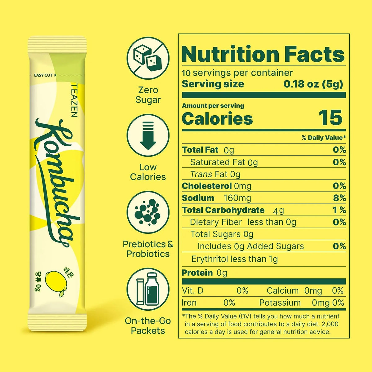 TEAZEN Lemon Kombucha Tea, Hydration Drink Mix, Sugar Free, Live Probiotics & Prebiotics, 10 Sticks, 1.76oz