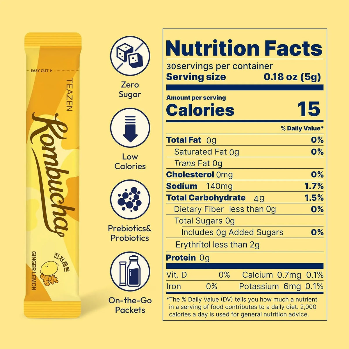 TEAZEN Lemon Ginger Hot Kombucha Tea, Live Probiotics & Postbiotics, Relaxation and Warmth for Colds and Sore Throat, Hydration Drink Mix, Sugar Free, 30 Sticks, 5.29oz