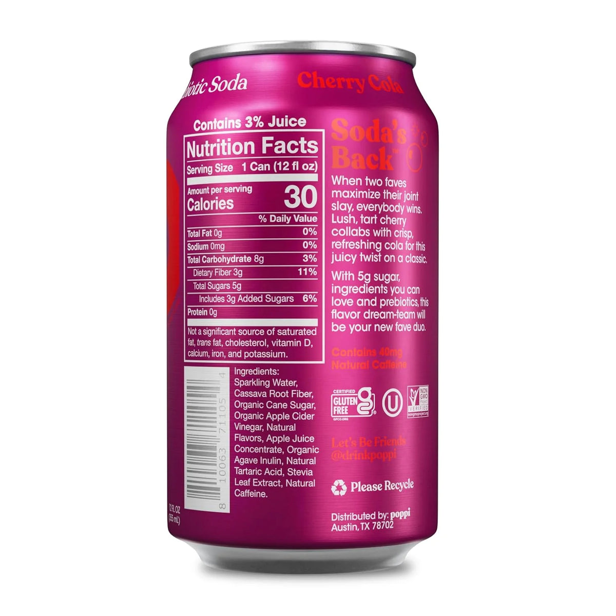 Poppi Sparkling Prebiotic Soda Beverage with Apple Cider Vinegar, Seltzer Water and Fruit Juice, Cherry Cola, 12 Fl Oz, 1 Count, Packaging May Vary